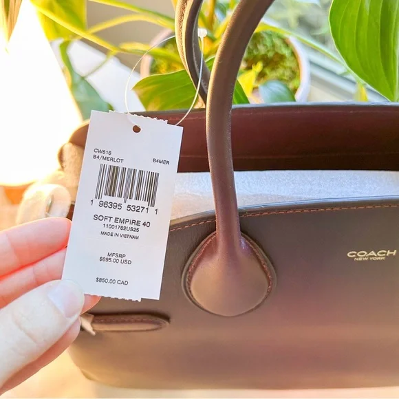 COACH NEW Soft Empire Carryall Bag 40 Natural Grain Leather Brass Merlot - Picture 6 of 12